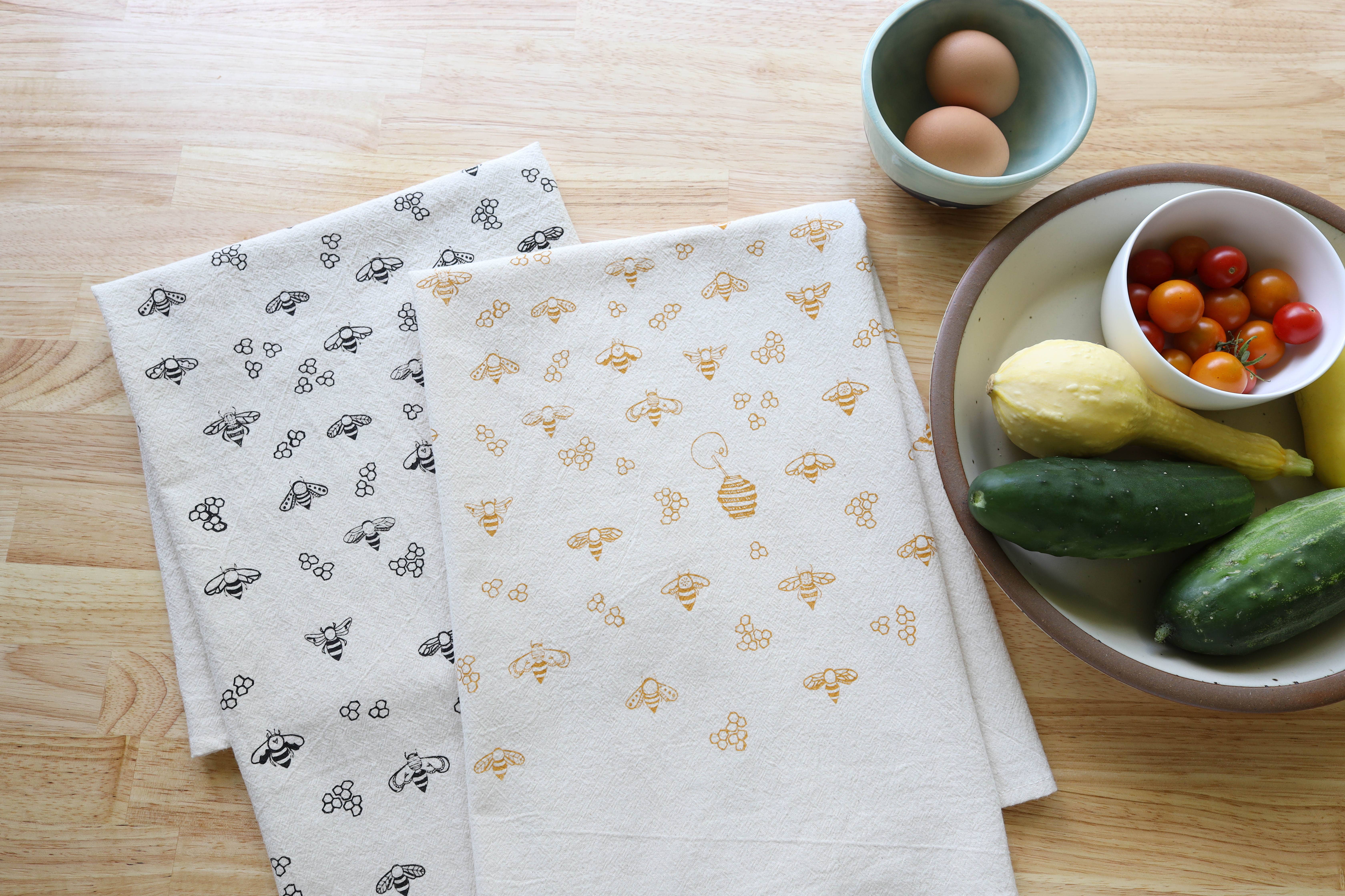 The High Fiber - Wholesale Tea Towel - Bee Kitchen Towel, Handprinted Nature Inspired Tea Towel3