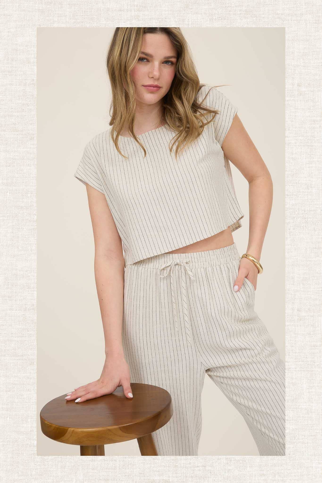 MINE - Wholesale Pants - Women's - PINSTRIPE DRAWSTRING STRAIGHT LEG LINEN PANTS4