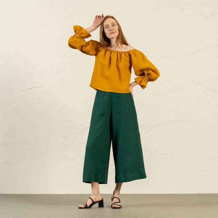 menique - Wholesale Blouse - Women's - Linen Off Shoulder Top with Ruffles Jessica - Linen Blouse