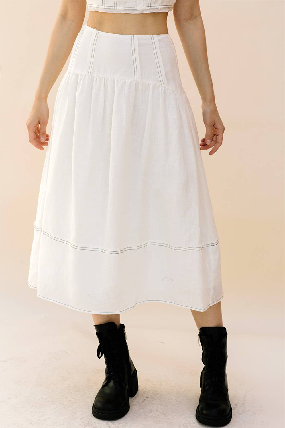 White JS3926- Monochromatic Stitched Detail Maxi Skirt for wholesale on Faire4