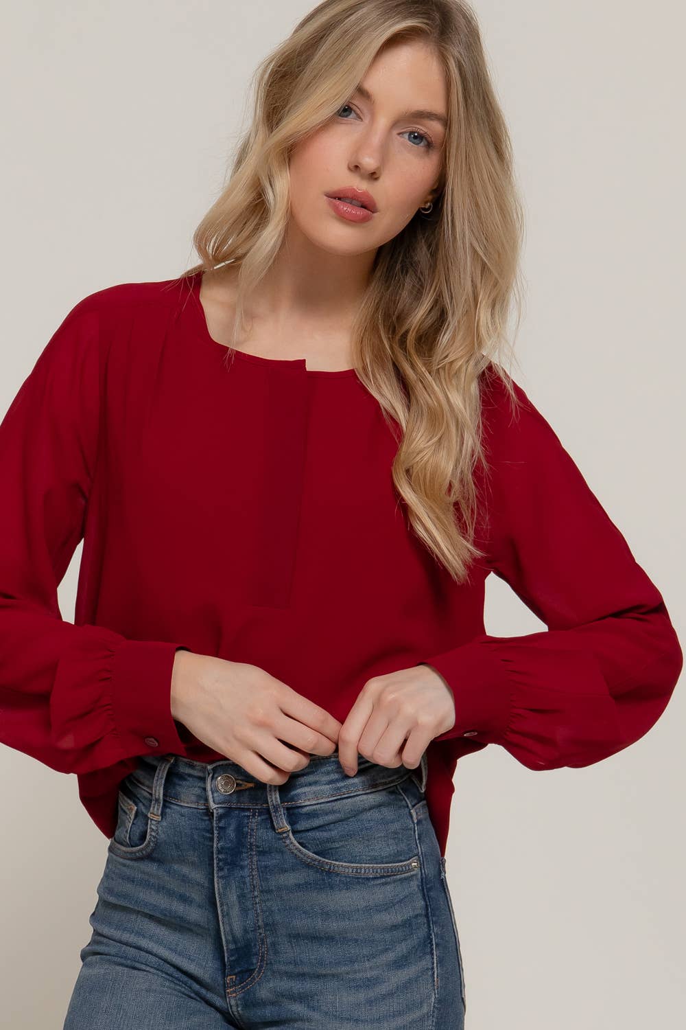 Active Basic | Active USA - Wholesale Blouse - Women's - Long Sleeve Round Neck with Hidden Placket Chiffon Blouse5