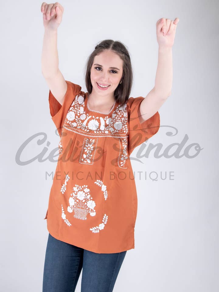 Burnt Orange Mexican Blouse Full Embroidered Texas Longhorns for wholesale on Faire8