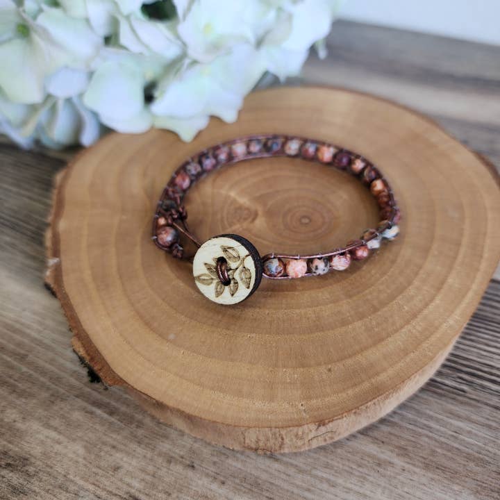 Leopard Jasper and leather bracelet with wood button for wholesale by Gone Rogue Boutique