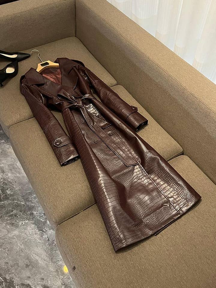 Color as pictures SY391 Crocodile Pattern PU Leather Long Lace-Up Coat for wholesale on Faire