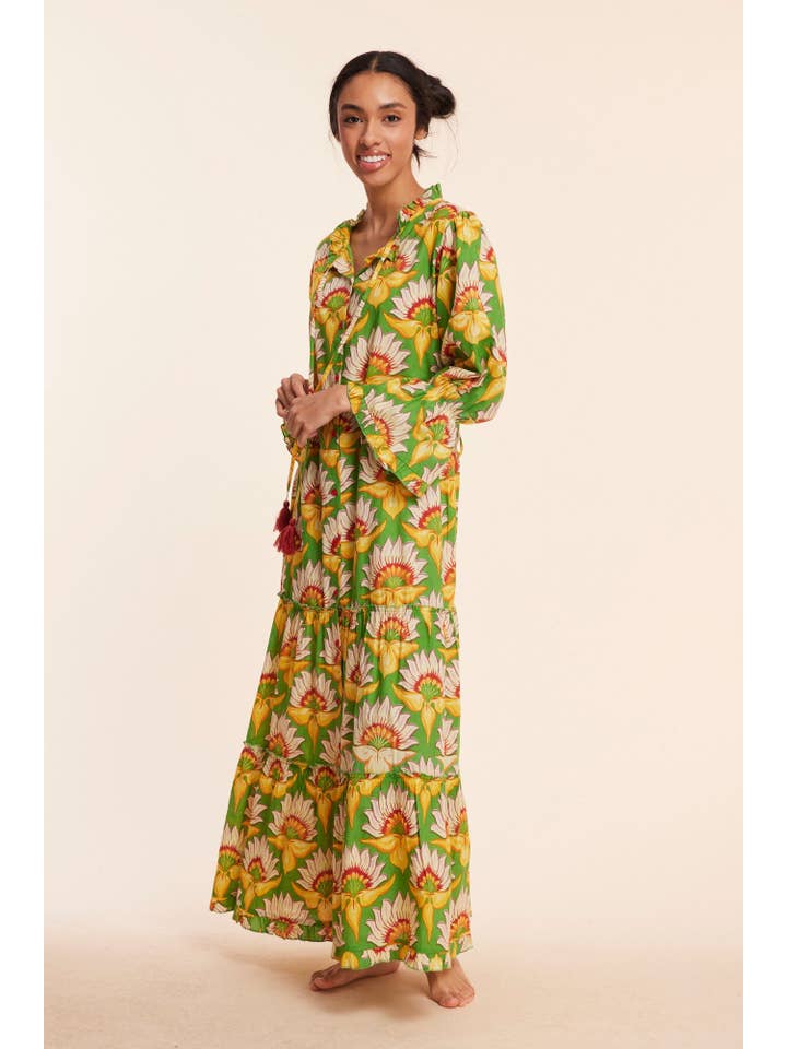 ModaPosa - Wholesale Dress - Women's - Alcee Green White Floral Lilly Fall Resort Maxi Dress