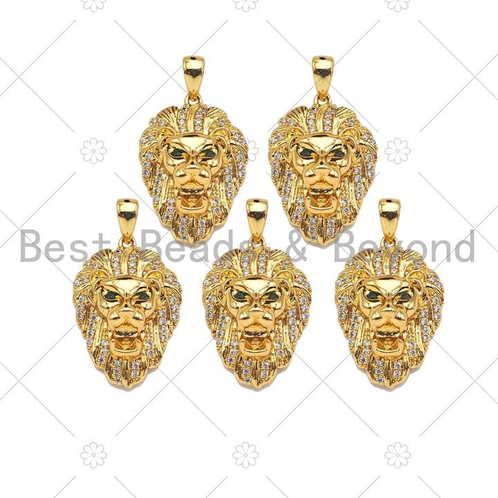 Gold Filled CZ Micro Pave Lion Head with Green Eye Pendant, 18K Gold Filled Lion Head Charm, Necklace Bracelet Pendant, 14x20mm, Sku#Y443 for wholesale by BestBeads&Beyond