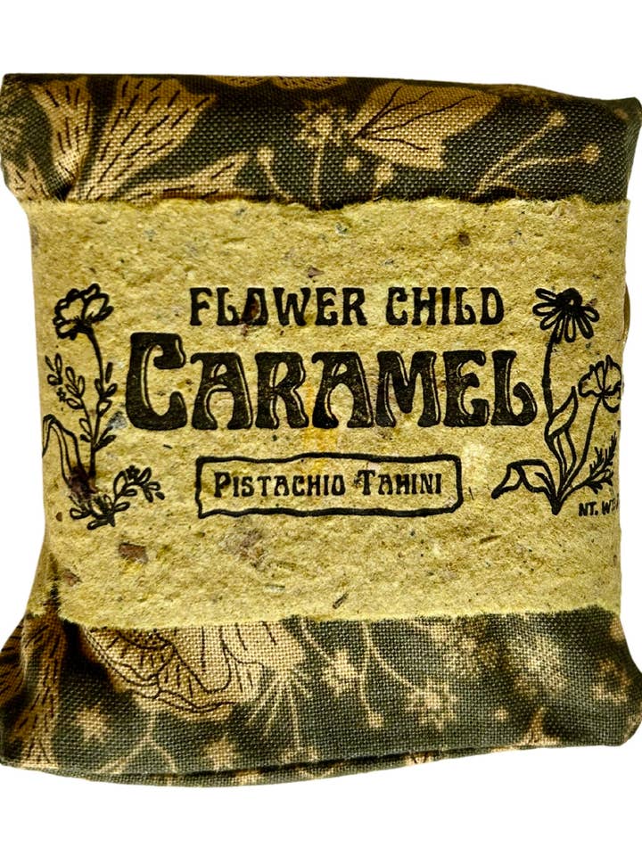 Pistachio Tahini Caramel for wholesale by Flower Child Fudge
