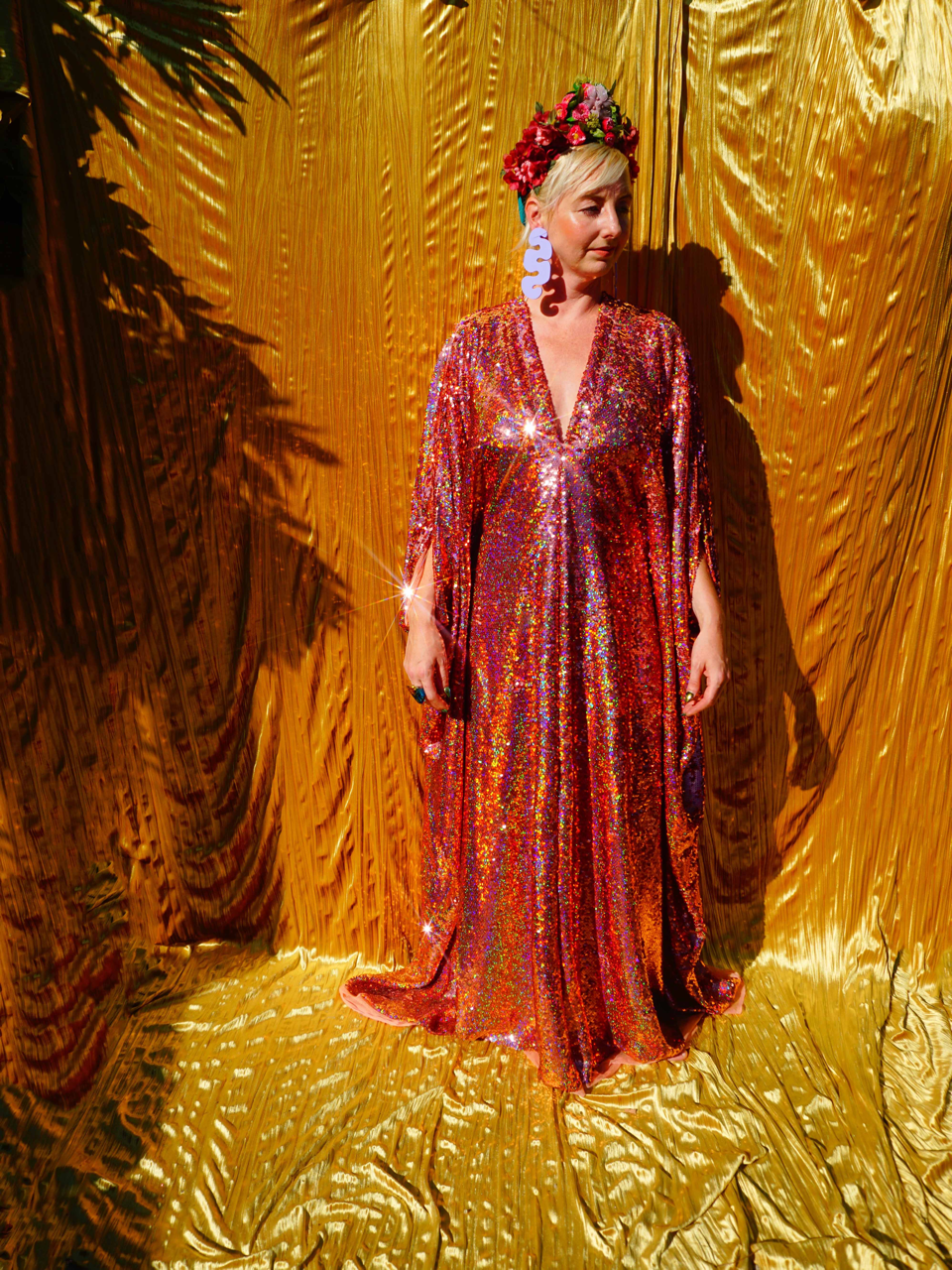 Fumbalinas – wholesale Kaftan – Women's – Rose Gold Holographic Sequin V-neck Kaftan Gown6