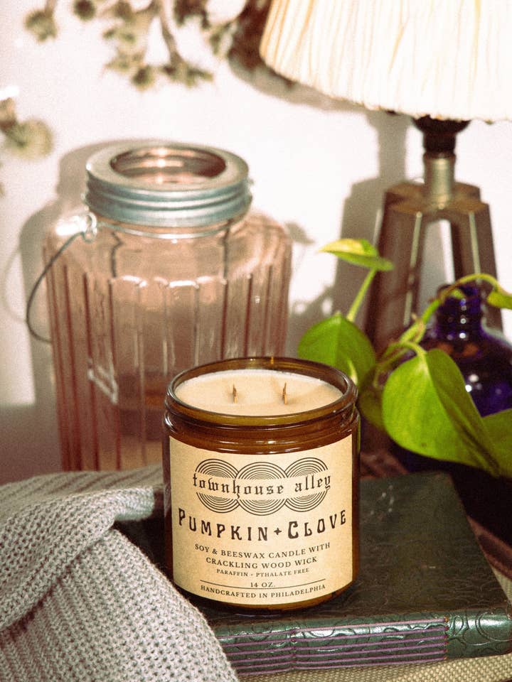 Pumpkin And Clove Soy & Beeswax Candle With Crackling Wood for wholesale by Townhouse Alley