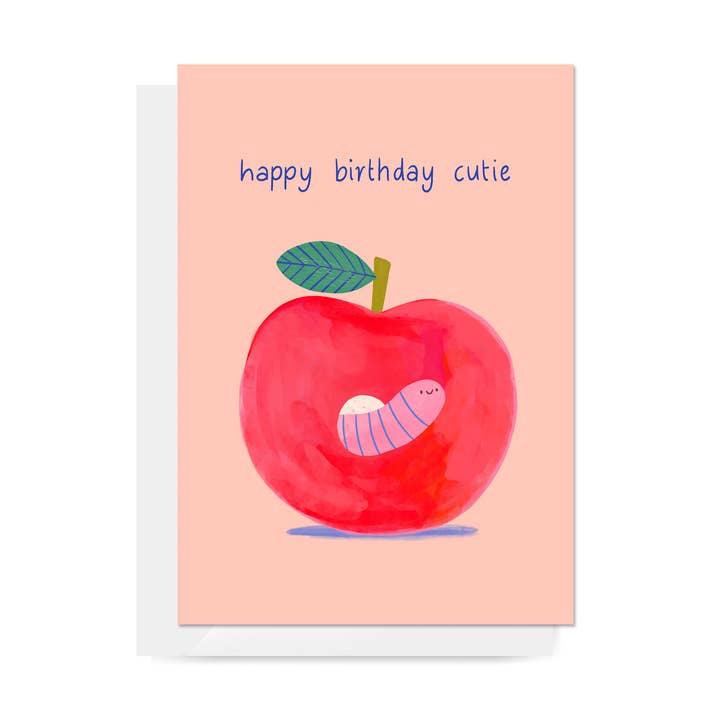 Apple & Worm "Happy Birthday Cutie" Greeting Card for wholesale by Carla Ellis Creative
