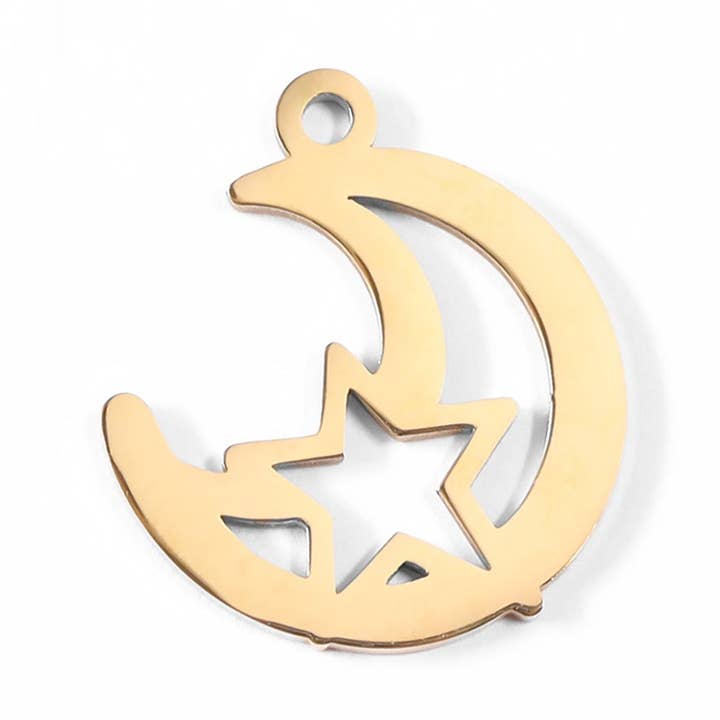 18K Gold PVD Stainless Steel Moon And Star Charm for wholesale by WJW