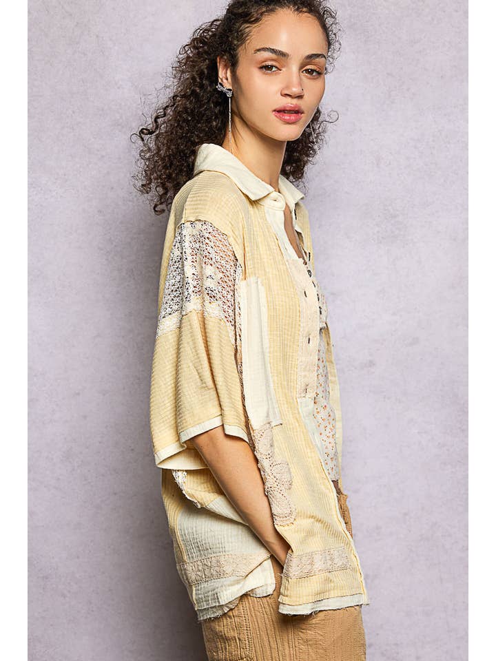 Pol Clothing - Wholesale Button Down Shirt - Women's - Collared Studded Button-down Short Sleeve Knit Shirt Top11