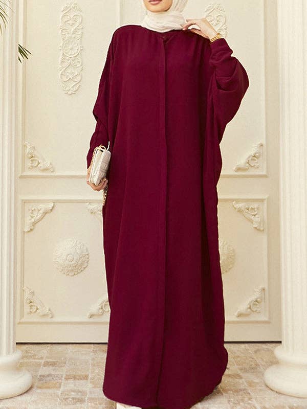 StyleGalX - Wholesale Dress - Women's - Batwing Sleeves Loose Buttoned Muslim Solid Color Split-Side Round-Neck Maxi Dresses