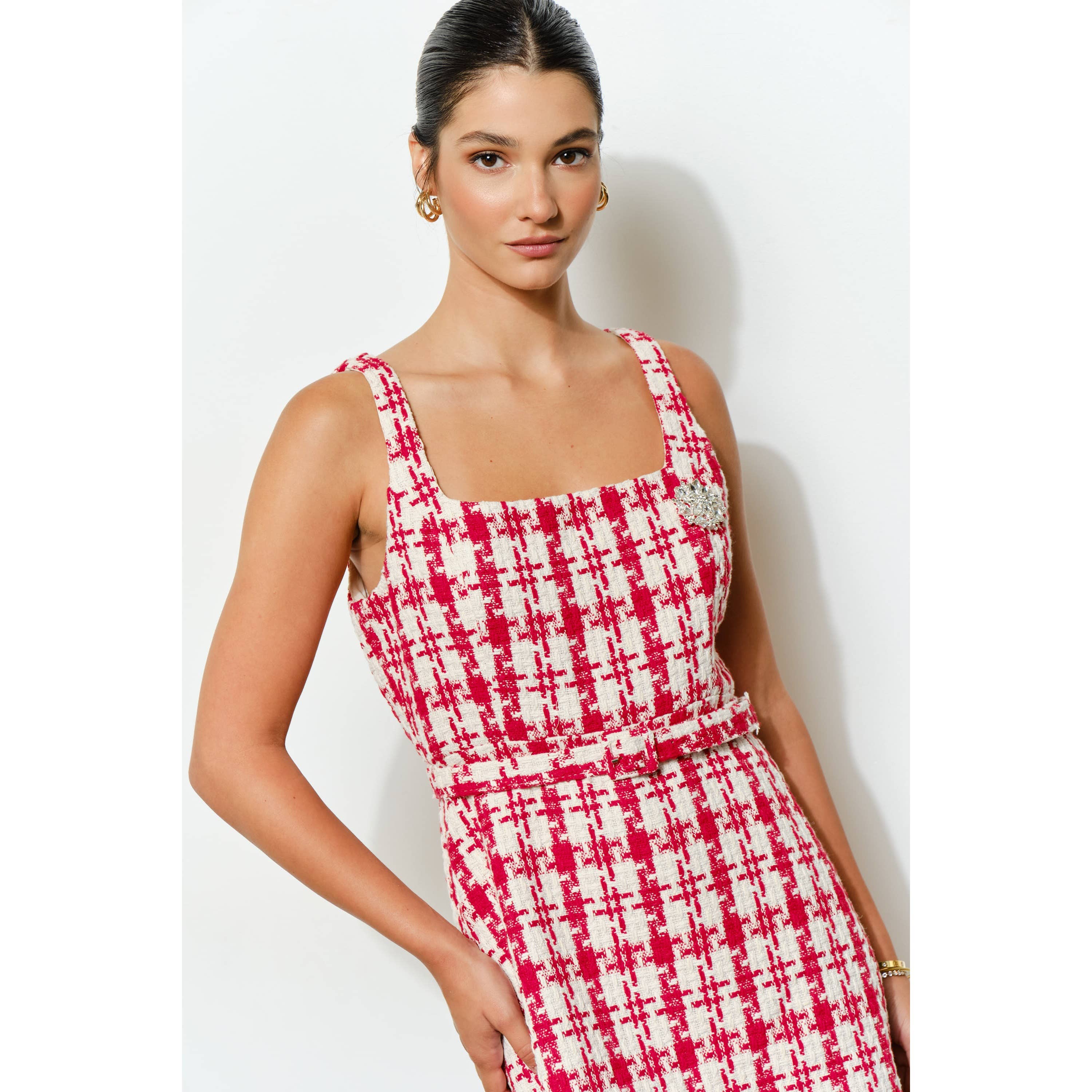 INA - Wholesale Dress - Women's - Check Tweed Brooch Detail Belted Mini Dress7