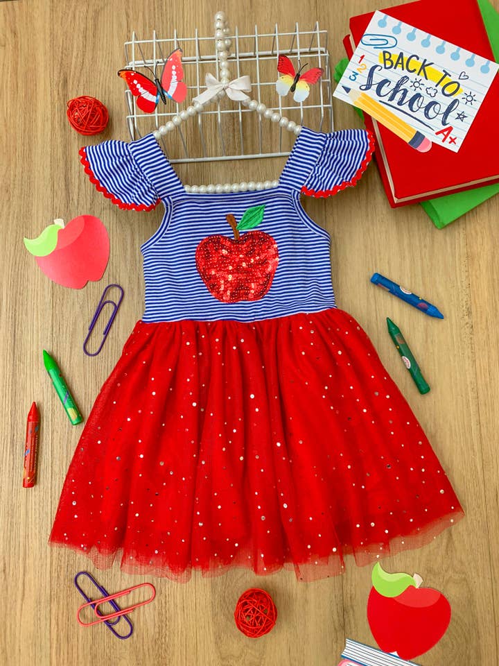 Red Tutu Dress w/ Sequin Apple Applique & Tulle Sequin Skirt for wholesale on Faire5