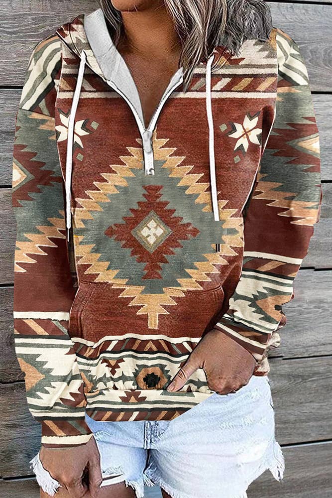 UNISHE - Wholesale Hoodie - Women's - Aztec Zipper Kangaroo Pockets Western Hoodie ZK3664