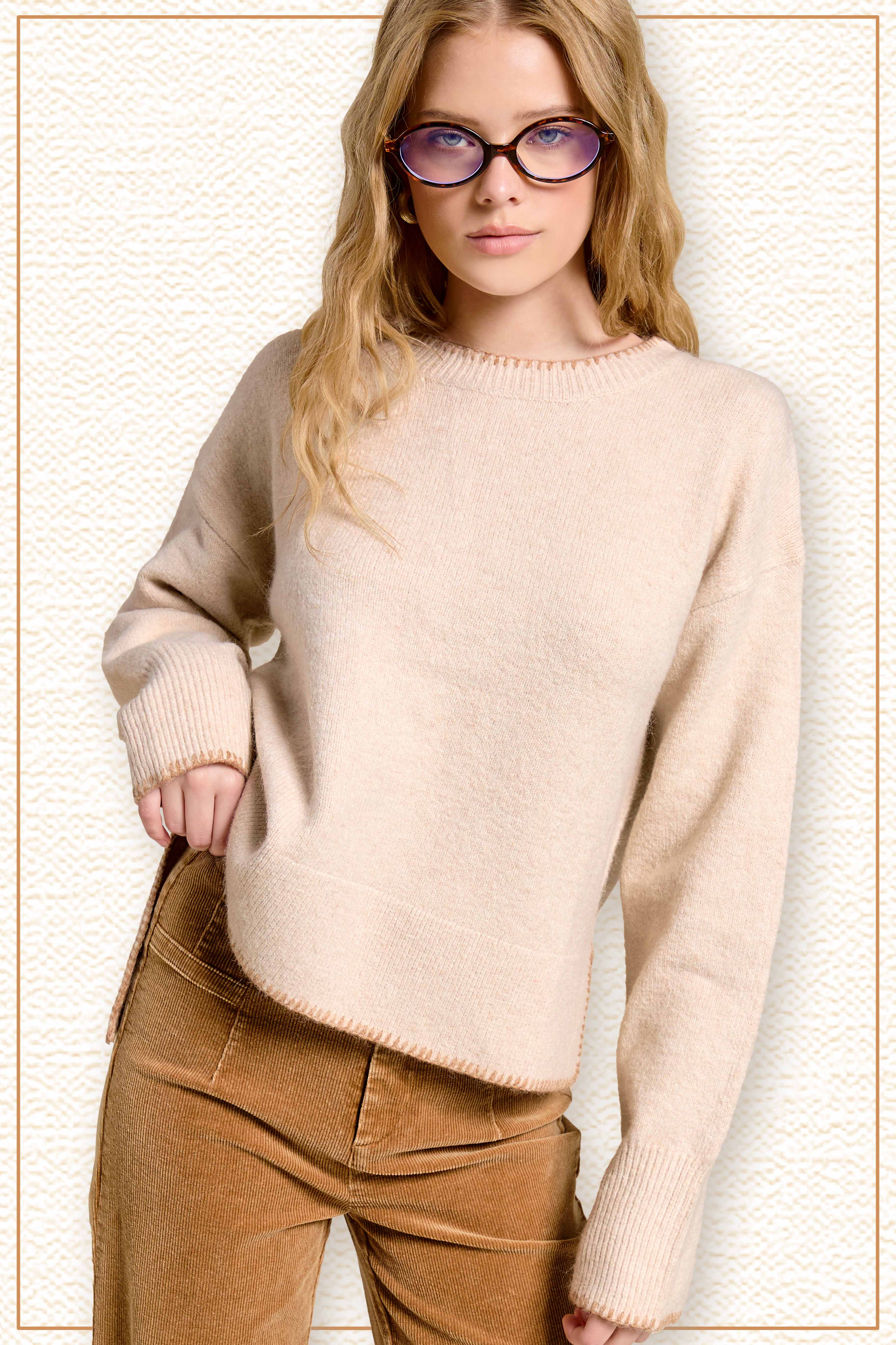 La Miel - Wholesale Knit Sweater - Women's - JDS3607-Hi-Low Crew Neck Sweater W/ Contrast Blanket Stitch20