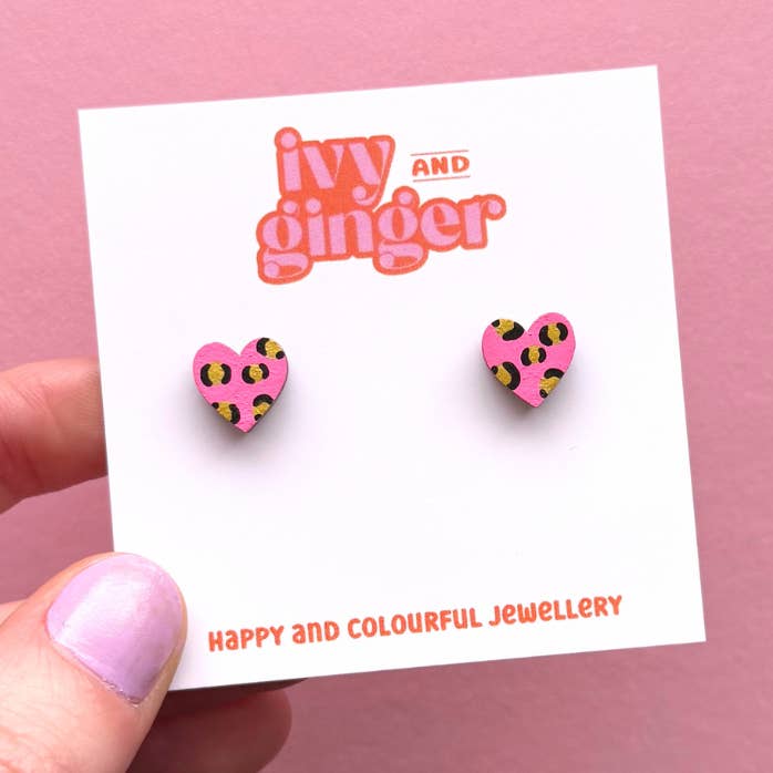 Mini leopard print heart studs in bright pink and gold for wholesale by ivy and ginger