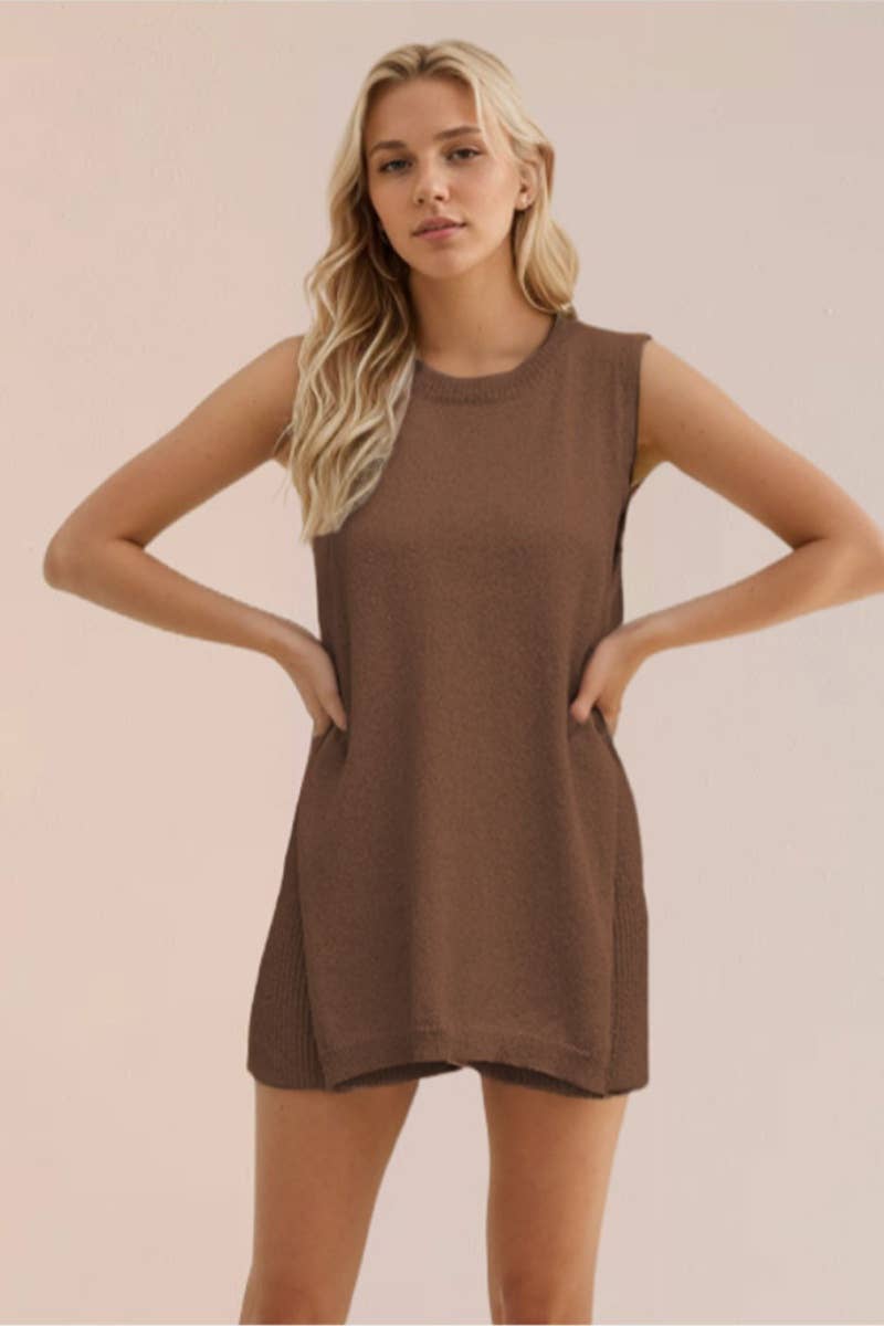 NINEXIS - Wholesale Lounge Set - Women's - CWSS0492_KNIT SPLIT SLEEVELESS VEST SHORTS SUIT0