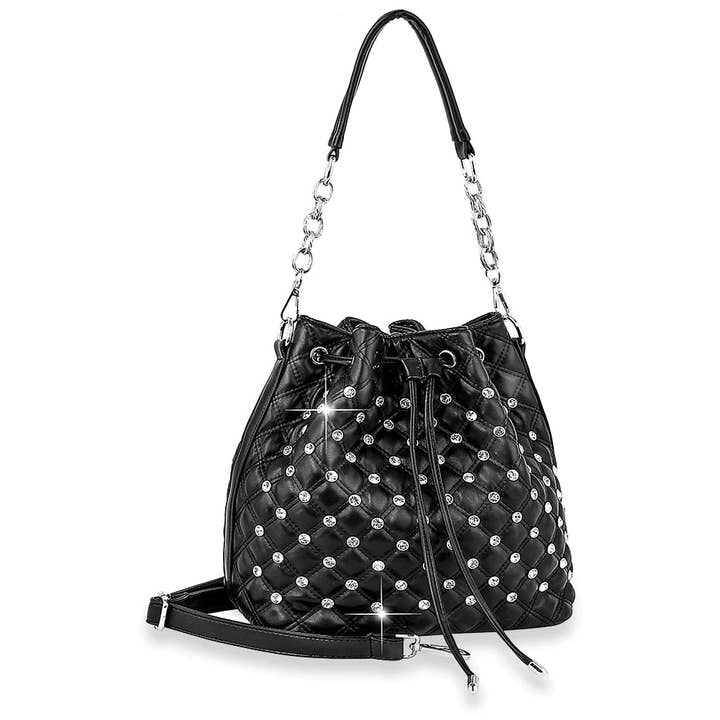Rhinestone Studded Drawstring Hobo for wholesale by Handbag Express