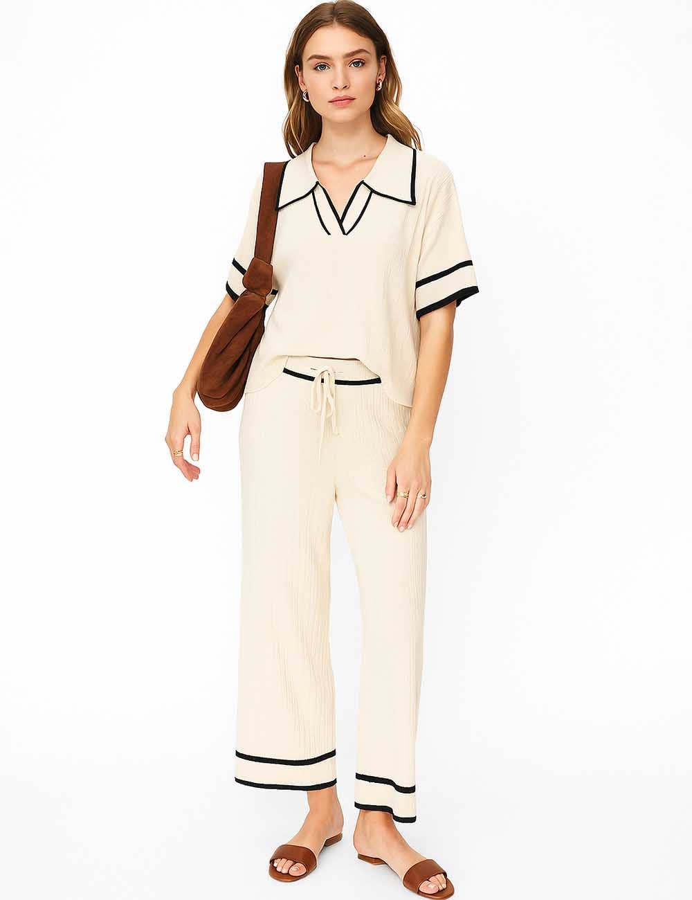 Sweetkama - Wholesale Lounge Set - Women's - Ladies Color Block Polo Collar Knit Top & Pants 2PCS Set1