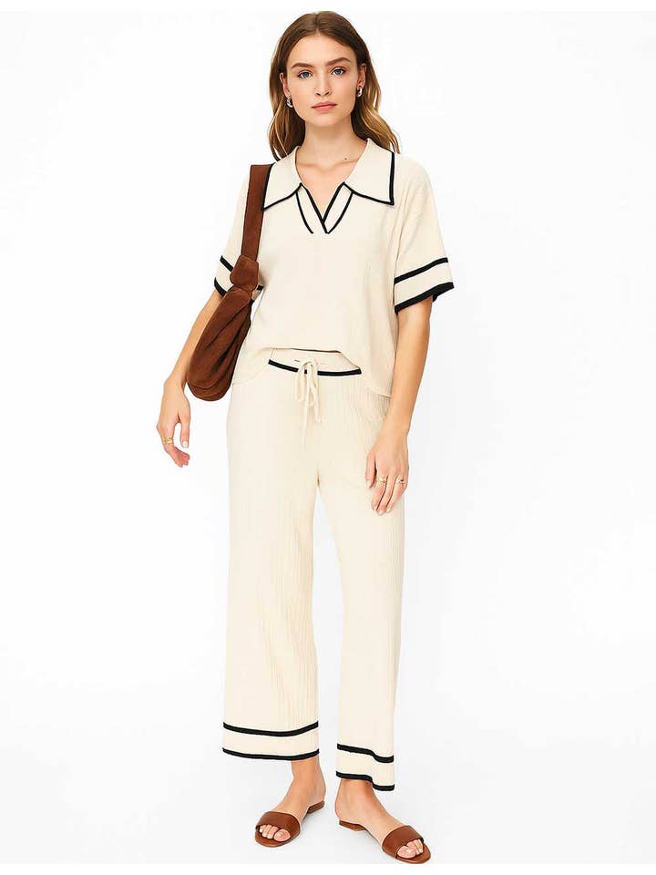 Sweetkama - Wholesale Lounge Set - Women's - Ladies Color Block Polo Collar Knit Top & Pants 2PCS Set1