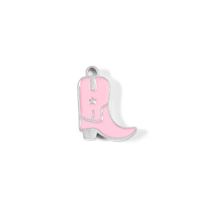 WJW - Wholesale Individual Charm/Pendant - 18K Gold PVD Stainless Steel Epoxy Pink Cowgirl Boot Charm