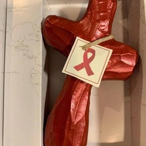 Holy Land Wood and Stone - Wholesale Wall Cross - Journey Holding Cross - JHC-14-HH Shimmering Red with Heart Health Tag