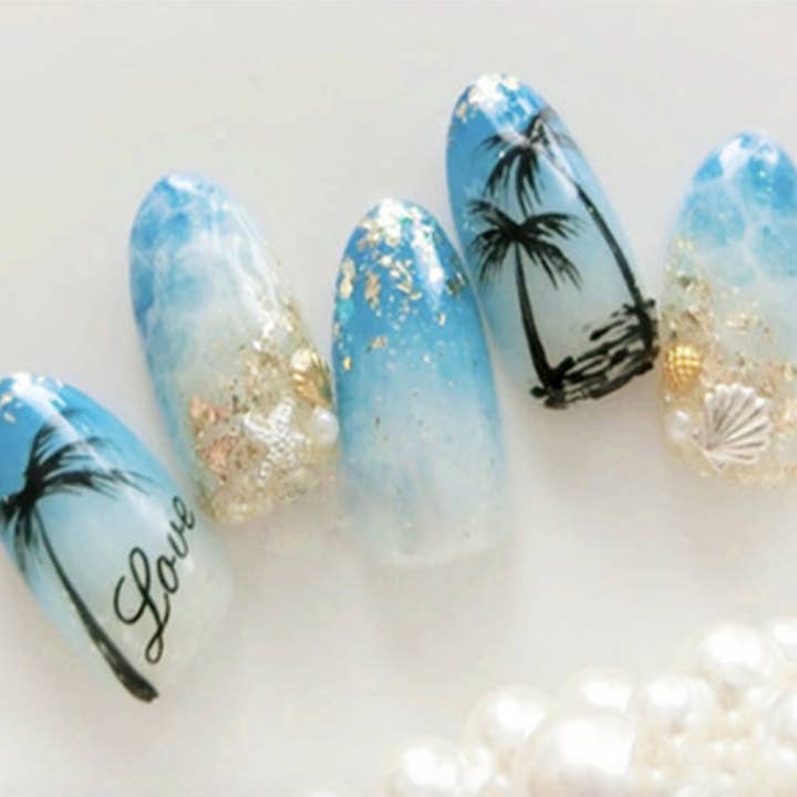ClebleNails - Vendita all'ingrosso Nail art/decalcomania unghie - Impacchi per unghie Tropical Blue Beach/Strisce di smalto 3D Ocean Ombre trasparenti/Adesivi glitter dorati/Impacchi per unghie estivi da donna4