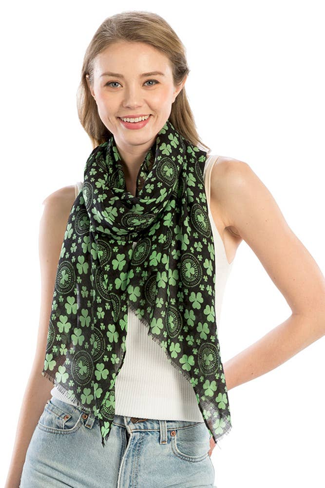 Hana - Wholesale Scarf - Women's - St Patrick Day Clover Leaf Pattern Oblong Scarf