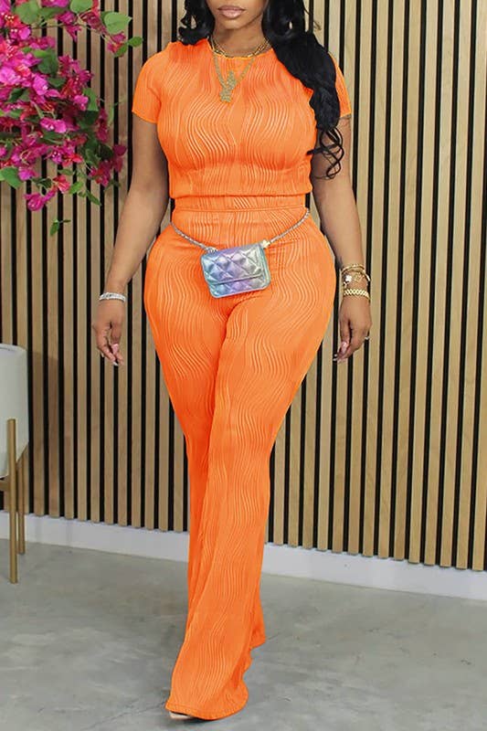 Color 5 - Wholesale Top & Pant Set (NOT Loungewear) - Women's - Solid color wavy bliss casual top with flare pants set 2