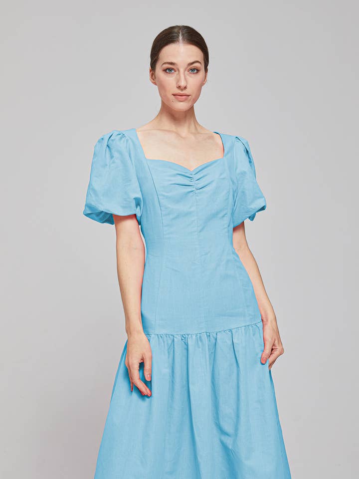 Swan Puff Sleeve Midi Dress - Blue for wholesale by THE 28TH ROSE