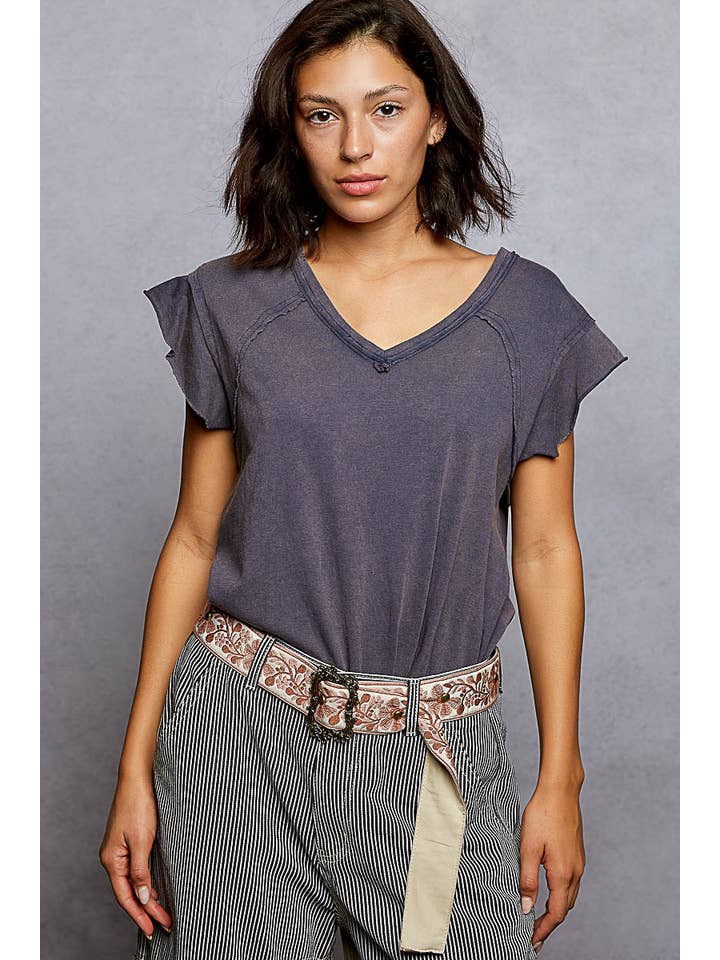 Pol Clothing - Wholesale T-Shirt - Women's - V-neck ruffle short sleeve solid basic cotton top41