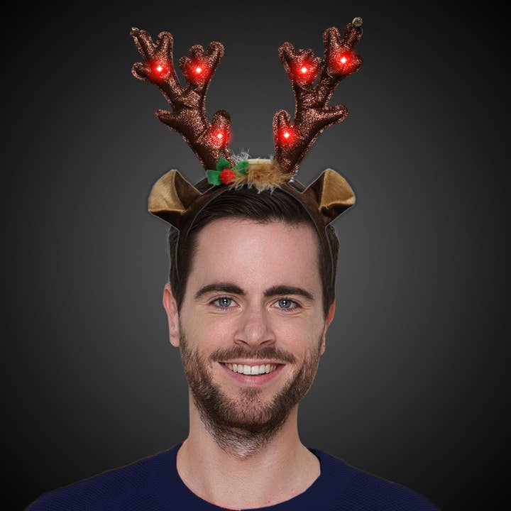 Windy City Novelties - Wholesale Christmas Decoration - LED Reindeer Antlers Headband with Light-Up Red LEDs