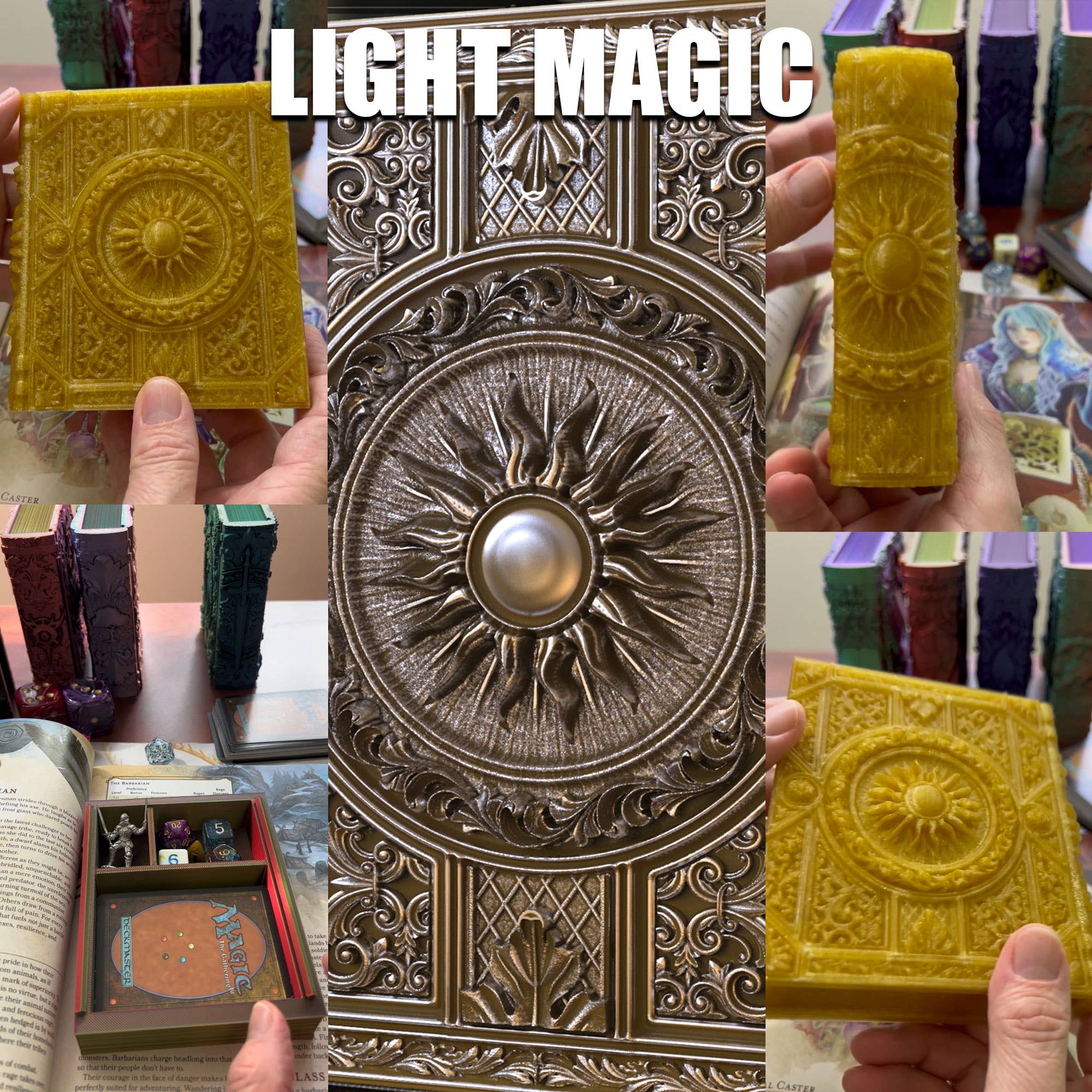 American Carver LLC - Wholesale Dice - Light Magic Storage Tome for TTRPG, MTG, Pokemon, D&D Gaming1