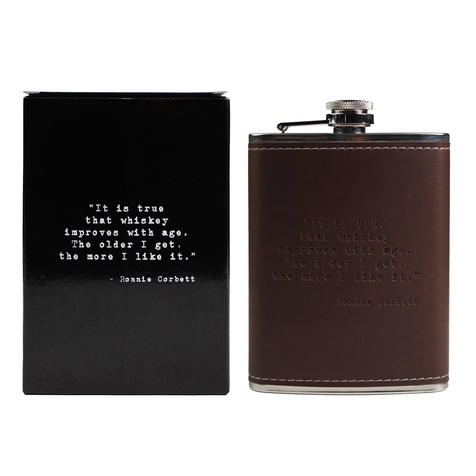 Layne Wilson – wholesale Flask – Ronnie Corbett Quote Leather Flask1
