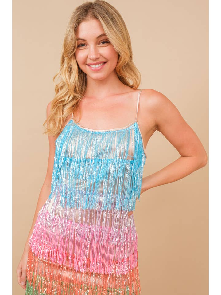 RAINBOW 50070D-Rainbow Sequin Metallic Fringe Tiered Cami Mini Dress for wholesale on Faire3