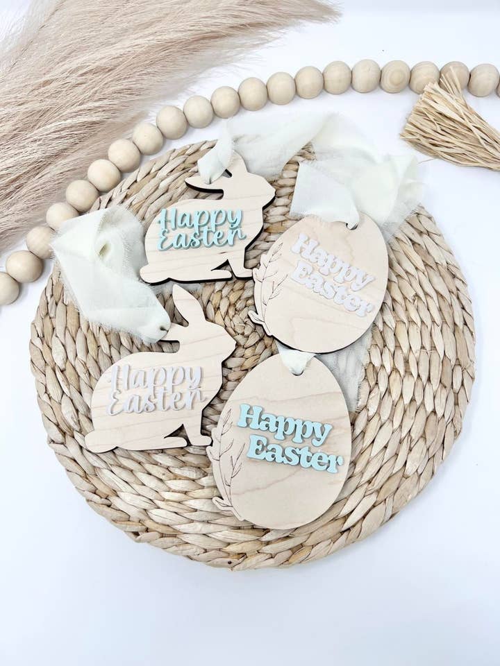 Happy Easter Wood Tag | Easter Basket | Egg and Bunny Tag for wholesale by Juniper and Lilies
