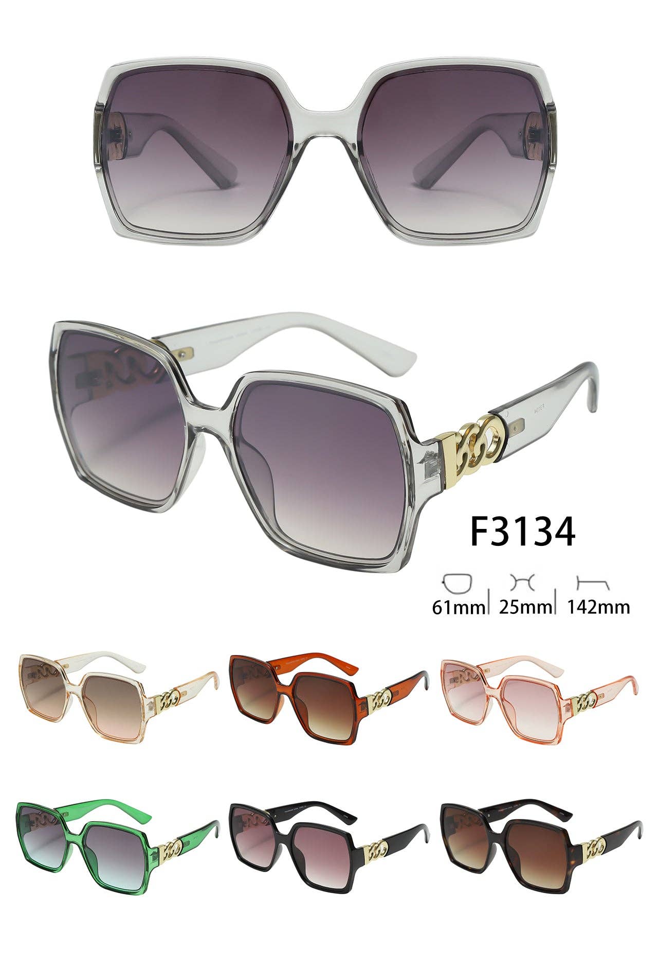 Prime Opticals - Wholesale Sunglasses - Women's - F3134, Large Frame with Small Gold Chain Design Arm