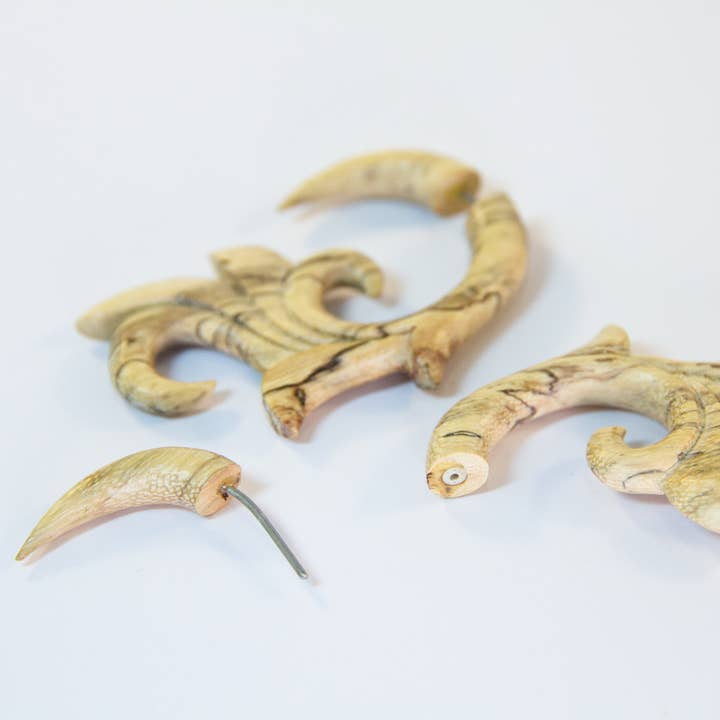 Ajmer by Jodi - Wholesale Dangle Earrings - Wood Fleur de Lis Faux Gauges ~ Fake gauged, carved wood2