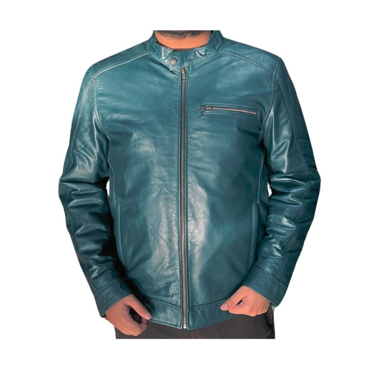 TA Impex - Wholesale Leather Jacket - Men's - Men's Teal Leather Cafe Racer Jacket – Stand Collar