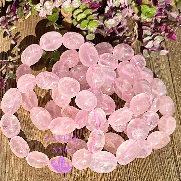 Pulsera elástica de cuarzo rosa natural pulido de 8” para venta al por mayor de KayleeNYC
