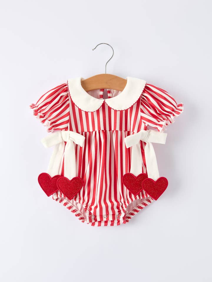 Valentine's Red Stripe Heart Bubble Romper for Baby Girls for wholesale by Rylee Faith Designs