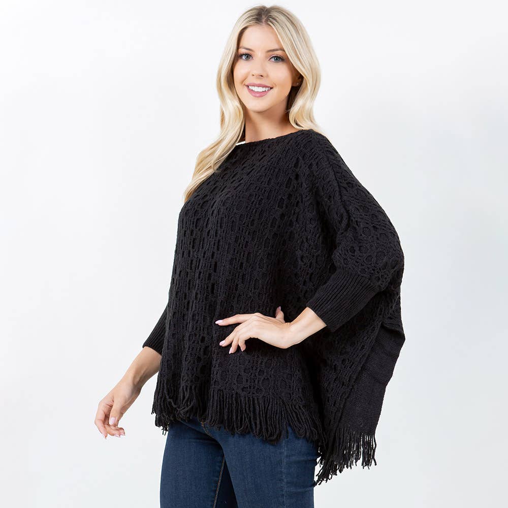 Sensibling Corp. - Wholesale Poncho - Women's - Boho Fringe Hem Crochet Knit Poncho4
