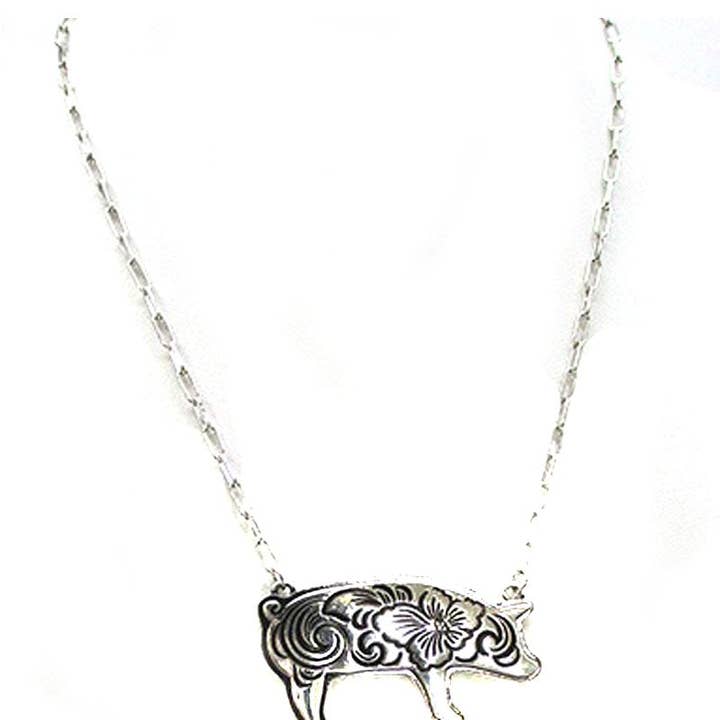Snowing West - Wholesale Pendant/Charm Necklace - Western Etched Pig Necklace