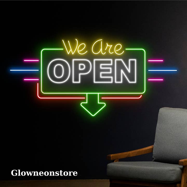 Insegna al neon We Are Open Board, decorazione a LED We Are Open per la vendita all'ingrosso da parte di Glow Neon