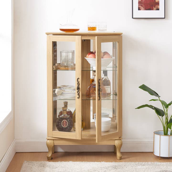 Orange County Decor - Wholesale Cabinet - 2 Doors Curio Cabinet With Tempered Glass Doors, Curio Cabinets With Mirrored Back Panel And Adjustable Shelves, Lighted Display Cabinet For Home, Office Light Bulb Included Oak Oak Mdf Glass4