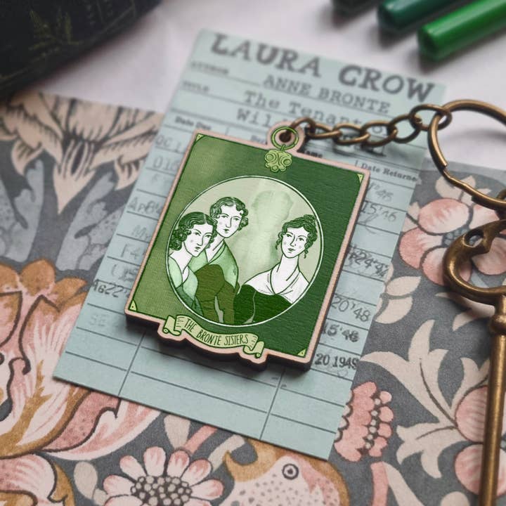Brontë Sisters Portrait Wooden Keyring for wholesale by Laura Crow Illustration