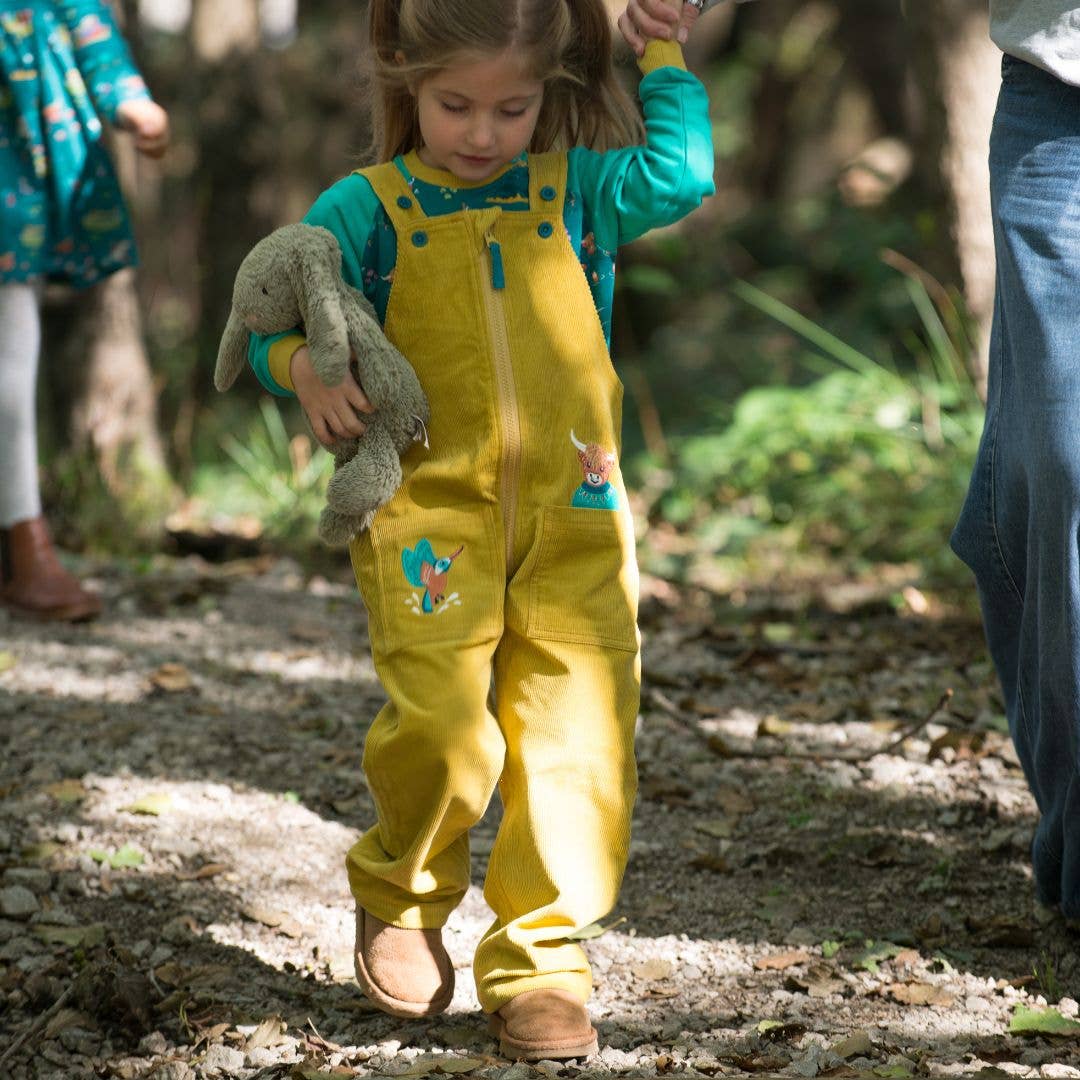 Ducky Zebra: Sustainable Kids' Clothes - Wholesale Overalls - Kids - Yellow Organic Cord Dungarees: Highland Cow & Kingfisher3