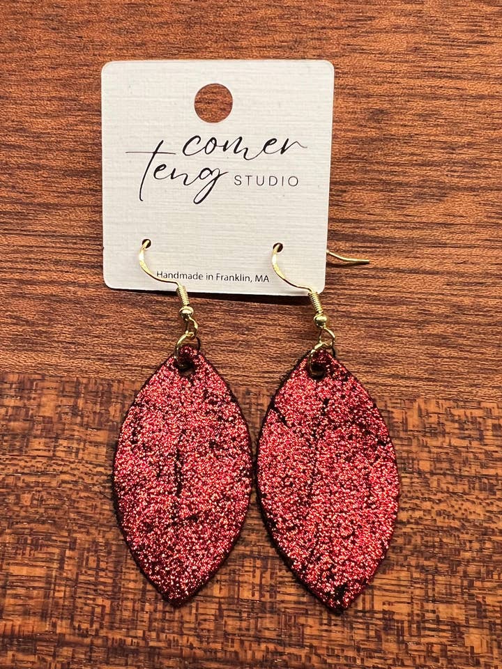 Red Shimmer Leather Earrings Collection for wholesale by Comer Teng Studio